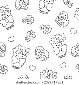 Vector black and white kawaii Saint Valentine seamless pattern for kids. Cute cartoon line repeat background. Love holiday symbols coloring page with flower bouquet, candy box, flower
