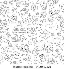 Vector black and white kawaii Saint Valentine seamless pattern for kids. Cute cartoon line repeat background. Love holiday symbols coloring page with unicorn, heart, cupid, flower, cat
