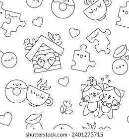 Vector black and white kawaii Saint Valentine seamless pattern for kids. Cute cartoon line repeat background with perfect match concept. Love holiday coloring page with puzzle pieces
