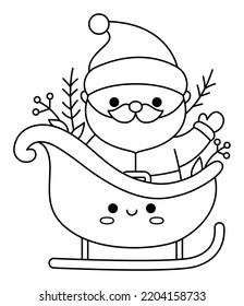 Vector black and white kawaii Santa Claus on sledge. Cute Father Frost illustration isolated on white. Christmas, winter or New Year character on sled. Funny line icon or coloring page
