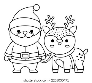 Vector Black And White Kawaii Santa Claus With Deer. Cute Father Frost Illustration Isolated On White. Christmas, Winter Or New Year Character With Reindeer. Funny Line Icon Or Coloring Page
