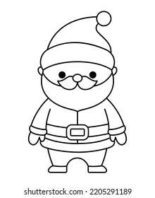 Vector kawaii Santa Claus negro y blanco. Ilustración de Cute Padre Frost aislada en fondo blanco. Navidad, invierno o carácter de Año Nuevo. Icono de línea divertida o página de color
