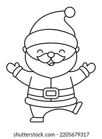 Vector kawaii Santa Claus negro y blanco. Cute feliz Padre Frost ilustración aislada en blanco. Navidad, invierno o carácter alegre de Año Nuevo. Icono de línea divertida o página de color
