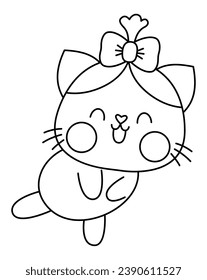 Vector black and white kawaii shy cat girl icon with bow. Line kitty isolated clipart. Cute kitten outline illustration. Funny Saint Valentine day coloring page for kids with love concept
