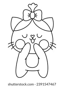 Vector black and white kawaii shy cat girl icon with bow. Line kitty isolated clipart. Cute kitten outline illustration. Funny Saint Valentine day coloring page for kids with love concept
