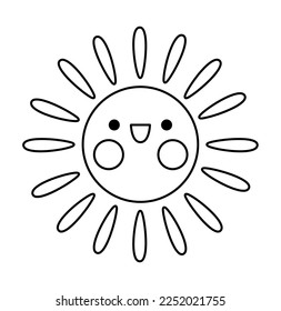 Icono del sol kawaii blanco y negro vectorial para los niños. Ilustración de símbolo de la línea meteorológica o página de color. Caricatura divertida sonriente. Clima de planeta Adorable 
