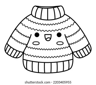 Vector black and white kawaii sweater. Cute Christmas clothes character illustration isolated on white background. New Year or winter smiling pullover. Funny line icon, coloring page
