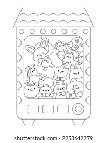 Vector black and white kawaii toy vending machine with Easter toys. Cute gadget illustration with bunny, chick, colored egg. Funny cartoon gambling game icon or coloring page
