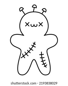 Vector Black And White Kawaii Voodoo Doll. Cute Smiling Halloween Line Character For Kids. Funny Autumn All Saints Day Cartoon Illustration. Samhain Party Puppet Icon Or Coloring Page
