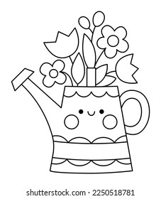 Vector black and white kawaii watering can with first flowers icon for kids. Cute line Easter symbol illustration or coloring page. Funny cartoon character. Adorable spring smiling pot
