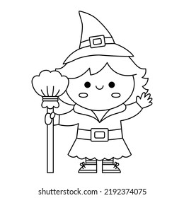 Vector Black And White Kawaii Witch. Cute Smiling Halloween Line Character For Kids. Funny Autumn All Saints Day Cartoon Illustration With Girl In Hat With Broomstick. Samhain Party Coloring Page
