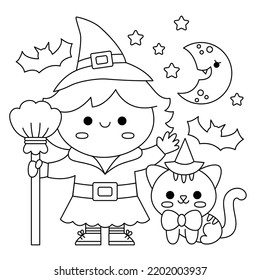 Vector black and white kawaii witch standing with broom and black cat under the half moon and stars. Halloween line scene with cute girl. All saints day illustration. Trick or treat coloring page