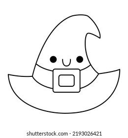 Vector black and white kawaii wizard hat. Cute Halloween line character for kids. Funny autumn all saints day cartoon witch hat illustration. Samhain dress party costume element coloring page
