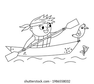 Vector black and white kayaking boy. Campfire line rafting scene with cute kid in a boat with paddle and seagull. Outdoor water activity or summer camp tourist or traveler outline icon. 
