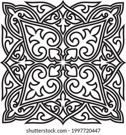 
Vector black and white Kazakh national pattern. Square monochrome ornament of steppe nomadic peoples.