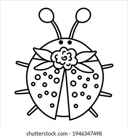 Vector black and white ladybug with flowers on the head. Cute bohemian style woodland insect line icon isolated on white background. Sweet boho forest illustration for card or print design.
