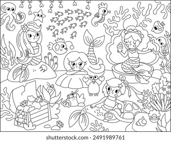 Vector black and white landscape illustration with mermaid friends. Ocean or sea kingdom scene with seaweeds, seahorse, marine princess, treasure chest. Cute square fairytale coloring page for kids
