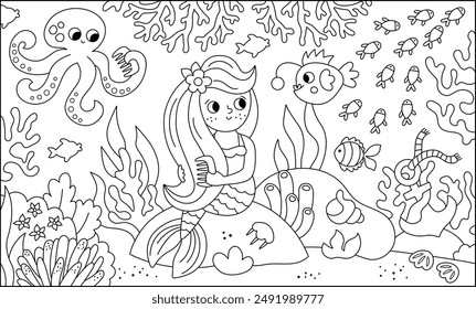 Vector black and white landscape illustration with mermaid sitting on the rock combing hair. Ocean or sea kingdom line scene with octopus, marine princess. Horizontal fairytale coloring page