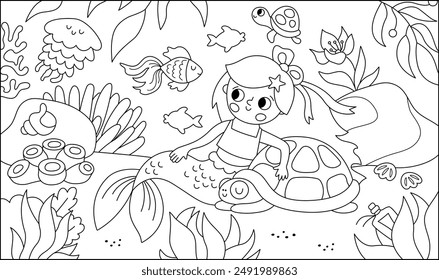 Vector black and white landscape illustration with mermaid sitting on sand, hugging tortoise. Ocean, sea kingdom line scene with fish, marine princess. Horizontal fairytale coloring page for kids