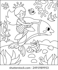 Vektorgrafik Schwarz-Weiß Landschaftsdarstellung mit Meerjungfrau mit Kronendelfin. Ocean oder Sea Kingdom Line Szene mit Algen, Marine Princess. Quadratische Märchen-Malseite für Kinder
