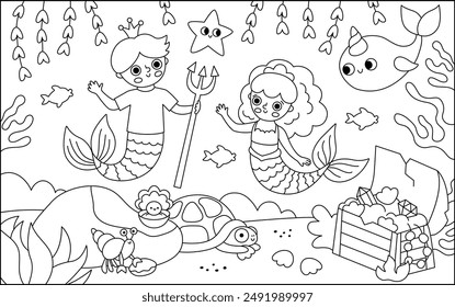 Vector black and white landscape illustration with mermaid and boy with trident, crown. Ocean, sea kingdom line scene with marine princess, prince, treasure chest. Horizontal fairytale coloring page