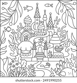 Vector black and white landscape illustration with mermaid castle. Ocean or sea kingdom line scene with seaweeds, fish, corals, marine princess palace on seabed. Square fairytale coloring page

