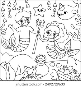 Vector black and white landscape illustration with mermaid and boy with trident, crown. Ocean or sea kingdom line scene with marine princess, prince, treasure chest. Square fairytale coloring page
