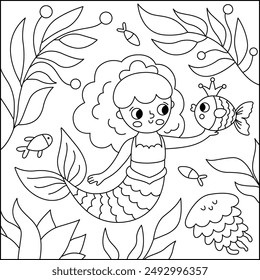 Ilustración de Vector blanco y negro con sirena, pez. Escena de la línea del reino del océano o del mar, página para colorear con algas marinas, medusas, princesa marina. Fondo de cuento de hadas cuadrado lindo para los niños
