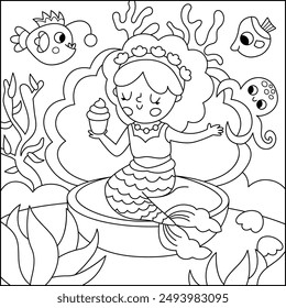 Ilustración de Vector blanco y negro con sirena sentada en concha marina, comiendo magdalena. Escena de la línea del reino del océano o del mar con el pez, princesa marina. Cuadrado cuento de hadas para colorear página para niños
