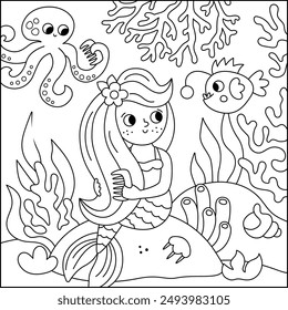 Vector black and white landscape illustration with mermaid sitting on the rock combing hair. Ocean or sea kingdom line scene with seaweeds, octopus, marine princess. Square fairytale coloring page
