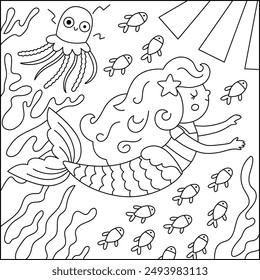 Ilustración de Vector blanco y negro con sirena, pez, medusa. Escena de la línea del reino del océano o del mar con algas, princesa marina. Fondo de cuento de hadas cuadrado, página para colorear para niños
