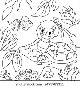 Vector black and white landscape illustration with mermaid sitting on sand, hugging tortoise. Ocean, sea kingdom line scene with fish, marine princess. Square fairytale coloring page for kids