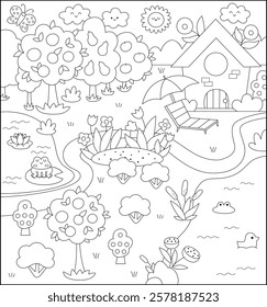 Vector black and white landscape illustration with house, meadow, garden or orchard, pond. Cute line vertical nature scenery with adorable cottage. Funny scene, coloring page with home, clearing