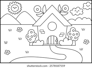 Vector black and white landscape illustration with road leading to house, meadow. Horizontal nature scenery with cottage. Funny line scene, coloring page with home, clearing with flowers, sun