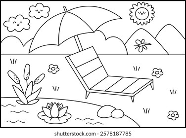 Vector black and white landscape illustration with sun lounger standing under colorful beach umbrella near river or lake with water lily, reeds. Line horizontal nature scenery, coloring page