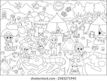 Vector black and white landscape illustration with paleontologists digging dinosaur fossils and bones. Cute line scene with prehistoric animal scientist on dig. Dino archaeologists camp coloring page
