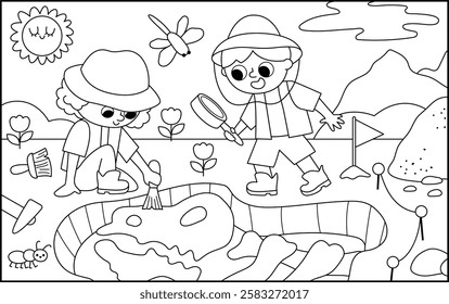 Vector black and white landscape illustration with paleontologists digging dinosaurs fossils and bones. Cute line scene with prehistoric animal scientist on the dig. Dino archaeologists coloring page
