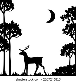 Vector black and white landscape with silhouettes deers, moon and tree