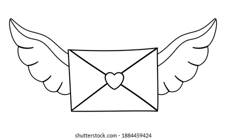 Vector black and white letter sealed with heart and spread wings. Saint Valentine’s day symbol. Funny post element with love concept isolated on white background. Playful February holiday line icon
