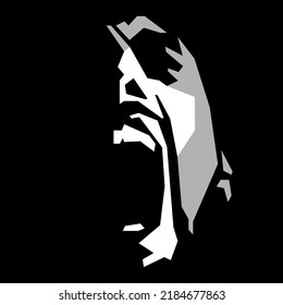 vector black and white light and shadow image. silhouette of a man's face that screams in despair shaped by a shadow isolated on a black background. depression, mental health, emotion problem, PTSD.