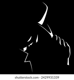 vector black and white light and shadow isolated image of a man in a hat formed by shadow. profile of a stern man in a hat. gentleman, businessman, detective, employee, spy, gangster, boss, chief.