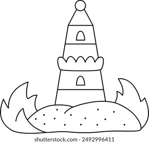 Vector black and white lighthouse standing on the sand island surrounded with water waves icon. Light house line illustration or coloring page isolated on white background. Sea beacon picture
