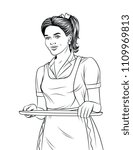 Vector black and white line art illustration of a beautiful waitress with a tray food. Young girl in apron serving a order