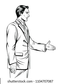 Vector black and white line art illustration of an office man handshake. Handsome young man standing in profile in suit isolated from white background
