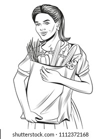Vector black and white line art style illustration of a young beautiful woman with full paper bag of health food. Hand drawn sketch of a happy beautiful girl doing grocery shopping