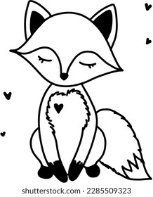 Vector black and white line art kids fairytale children  illustration of cute Animal fox. Ideal for print, graphic design, collage, scrap booking, stickers and other creative project.