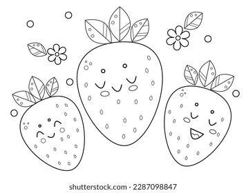 vector black and white line  cute smile strawberries and flowers