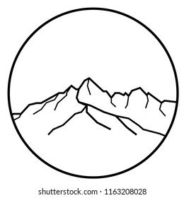 Vector black and white line drawing simple illustration of mountains. Logo, an emblem design template