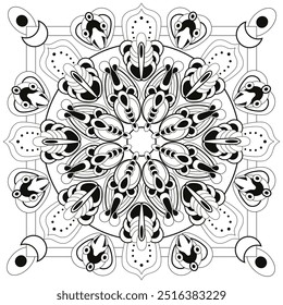 Um desenho de linha preto e branco vetorial representando uma mandala.  Página de coloração geométrica meditativa 