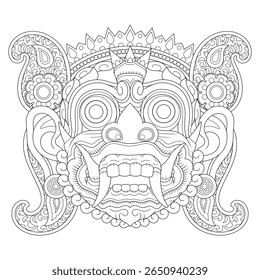 vetor preto e branco desenho de linha da antiga máscara de demônio indonésio no fundo branco